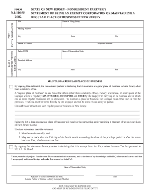 New Jersey Nonresident Partner's Exempt Corporation Statement