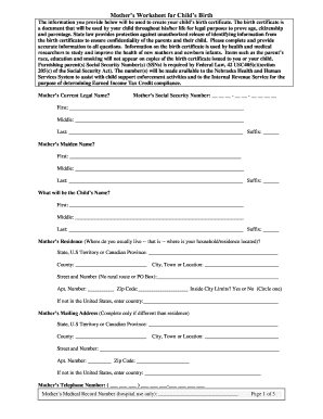 Nebraska Child's Birth Certificate Worksheet