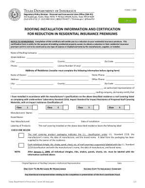 Roofing Installation Certification Form