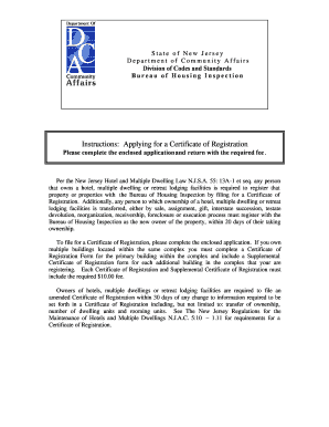 New Jersey Certificate of Registration for Hotels and Multiple Dwellings