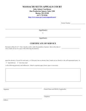 Massachusetts Certificate of Service