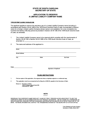 South Carolina LLC Name Reservation Application