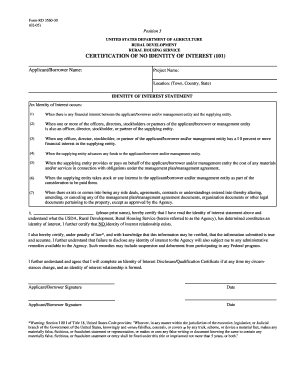 USDA Certification of No Identity of Interest