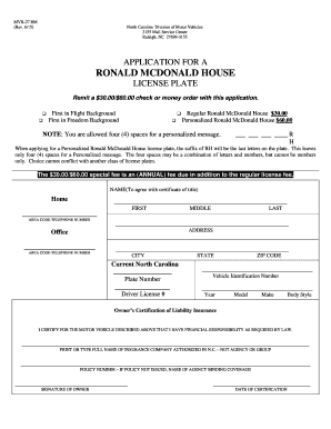 North Carolina Ronald McDonald House License Plate Application