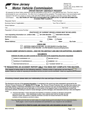 New Jersey Driver History Abstract Request Form