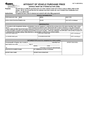 Printable vehicle bill of sale - affidavit of vehicle purchase price