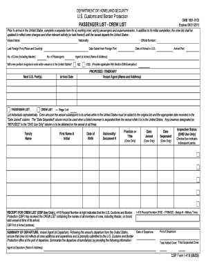 US Customs and Border Protection Crew List Form