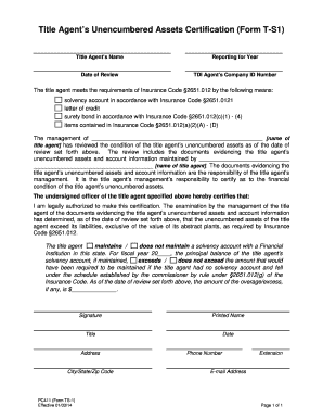Title Agent's Unencumbered Assets Certification