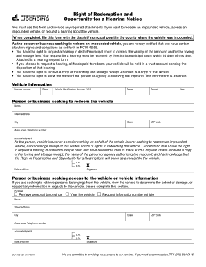 Right of Redemption and Hearing Notice
