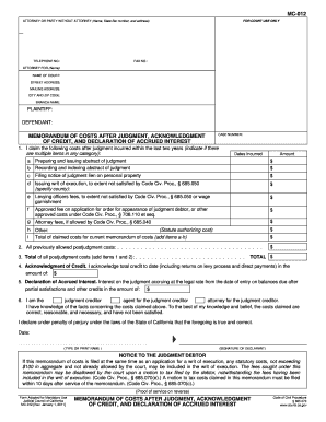 Memorandum of Costs After Judgment Form MC-012
