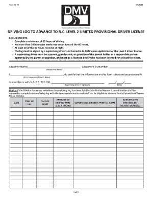 North Carolina Driving Log for Level 2 License
