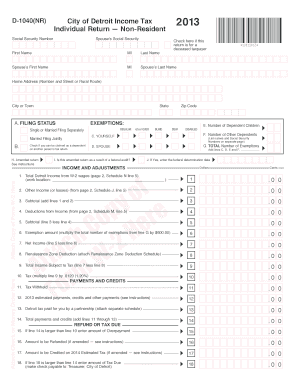 City of Detroit Income Tax Form D-1040NR 2013