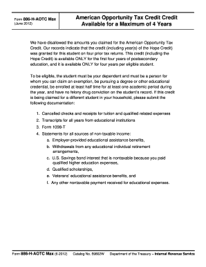 Form 886-H-AOTC Max American Opportunity Tax Credit Notice