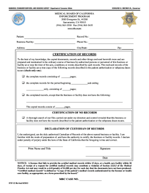 California Medical Records Certification Form