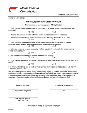 New Jersey IRP Registration Certification