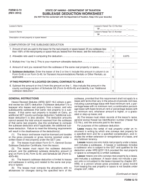 Hawaii Sublease Deduction Worksheet