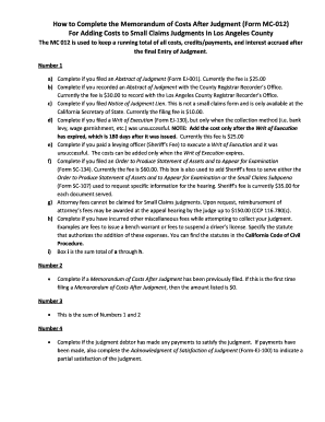 Memorandum of Costs After Judgment (Form MC-012)