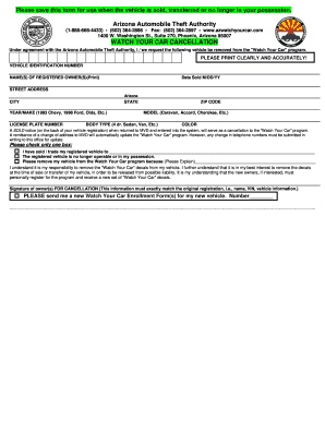 Arizona Watch Your Car Cancellation Form
