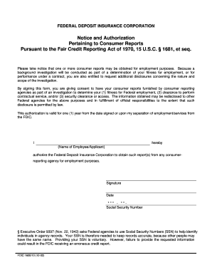 FDIC Notice and Authorization for Consumer Reports