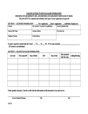 Liquor License On-Site Manager Information Form