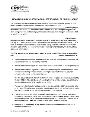 Confidential information memorandum template - Memorandum of understanding: certification of payroll agent (DE 972) - edd ca