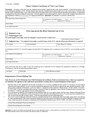 Georgia Motor Vehicle Certificate of Title Lien Notice