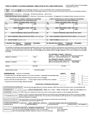 Colorado Marriage, Dissolution or Civil Union Verification Correction Form