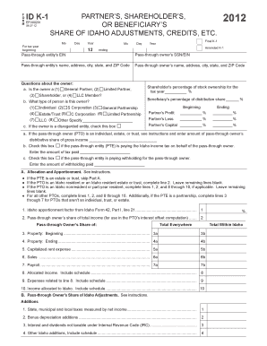 Idaho Form K-1 Partner's Share