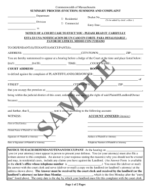Massachusetts Eviction Summons and Complaint