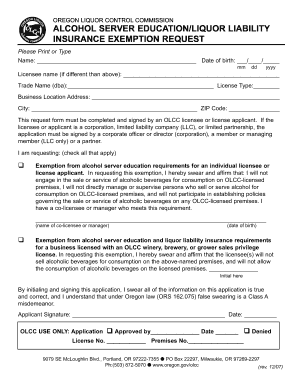 Oregon Liquor Liability Insurance Exemption Request