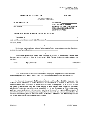 Georgia Petition for Waiver of Bond and Grant of Powers