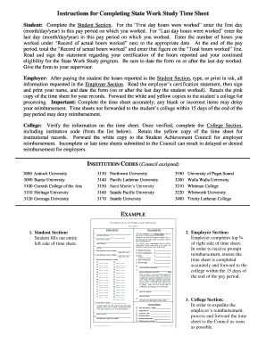 Washington State Work Study Time Sheet