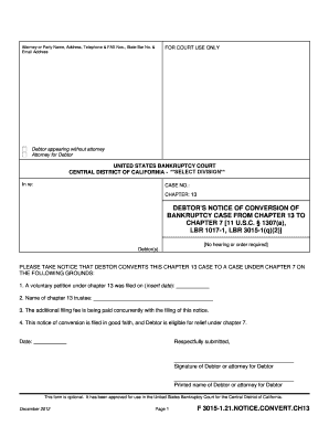 Debtor's Notice of Conversion from Chapter 13 to Chapter 7