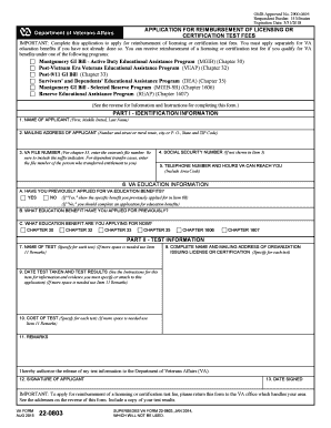 VA Form 22-0803 Application for Reimbursement of Licensing or Certification Test Fees