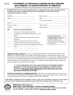 Utah Form 142: Statement of Insurance Carrier