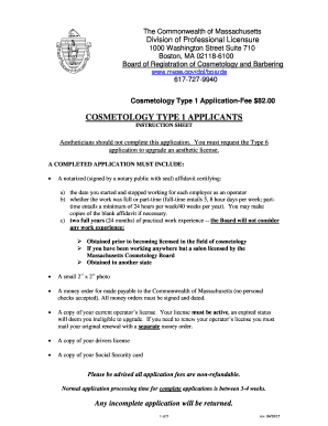 Massachusetts Cosmetology Type 1 Application