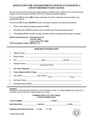 Application for Amended Birth Certificate Based on Court Ordered Name Change