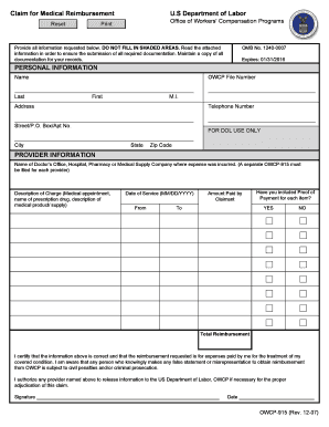 Medical Reimbursement Claim Form OWCP-915