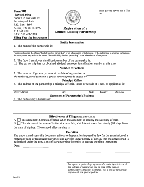 Texas Limited Liability Partnership Registration Form 701