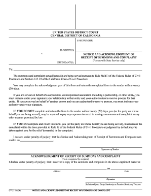 Notice and Acknowledgment of Receipt of Summons and Complaint