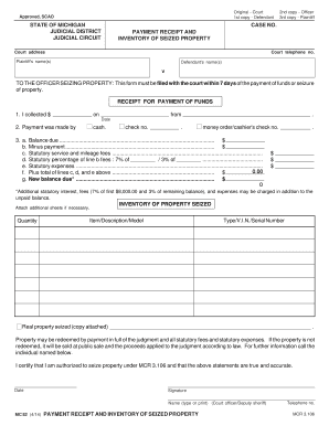 Michigan Payment Receipt and Inventory of Seized Property