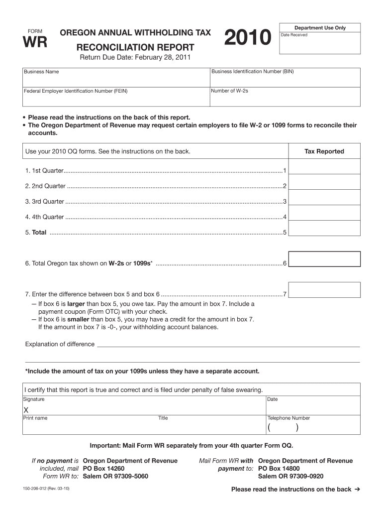 Fillable Online Oregon Clear Form FORM WR OREGON ANNUAL WITHHOLDING TAX 
