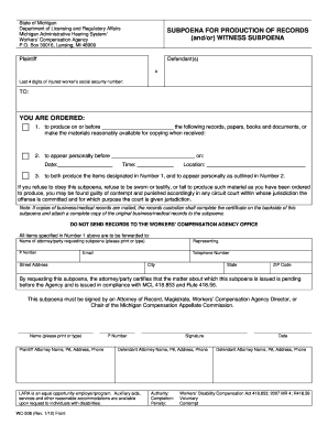 Michigan Subpoena for Production of Records