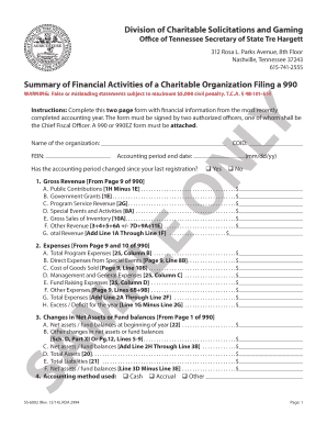 Tennessee Charitable Organization Financial Summary Form