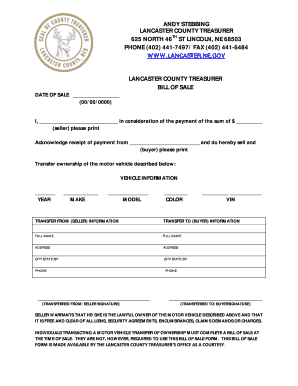 Lancaster County Motor Vehicle Bill of Sale