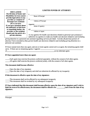 Limited Power of Attorney for Personal Care Assistance