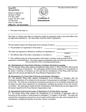 Texas Certificate of Reinstatement Form 811