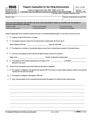 IRS Form 8948 Preparer Explanation for Not Filing Electronically
