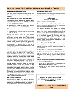 Vermont Lifeline Telephone Service Credit Application