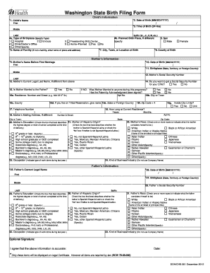 Washington State Birth Filing Form